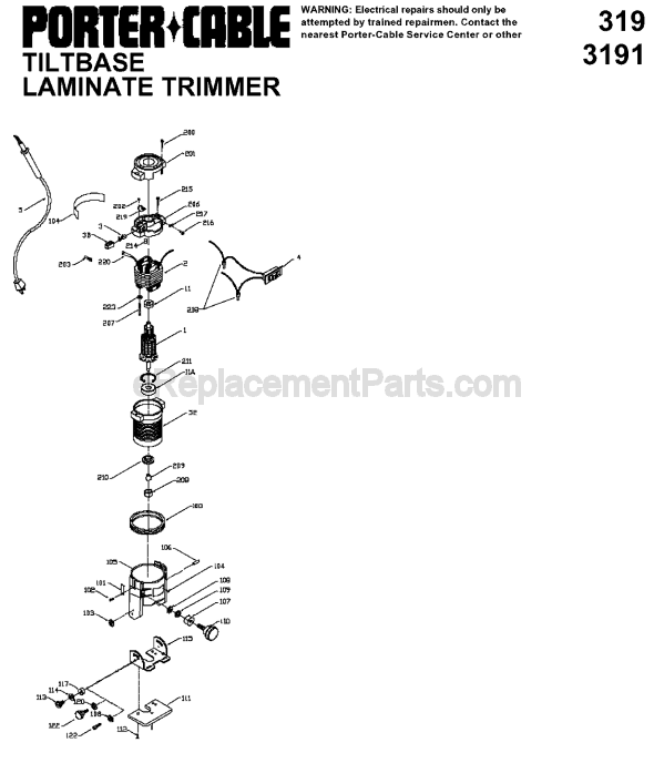 Page A Diagram and Parts List for 3191 Type 1 Porter Cable Laminate Trimmer
